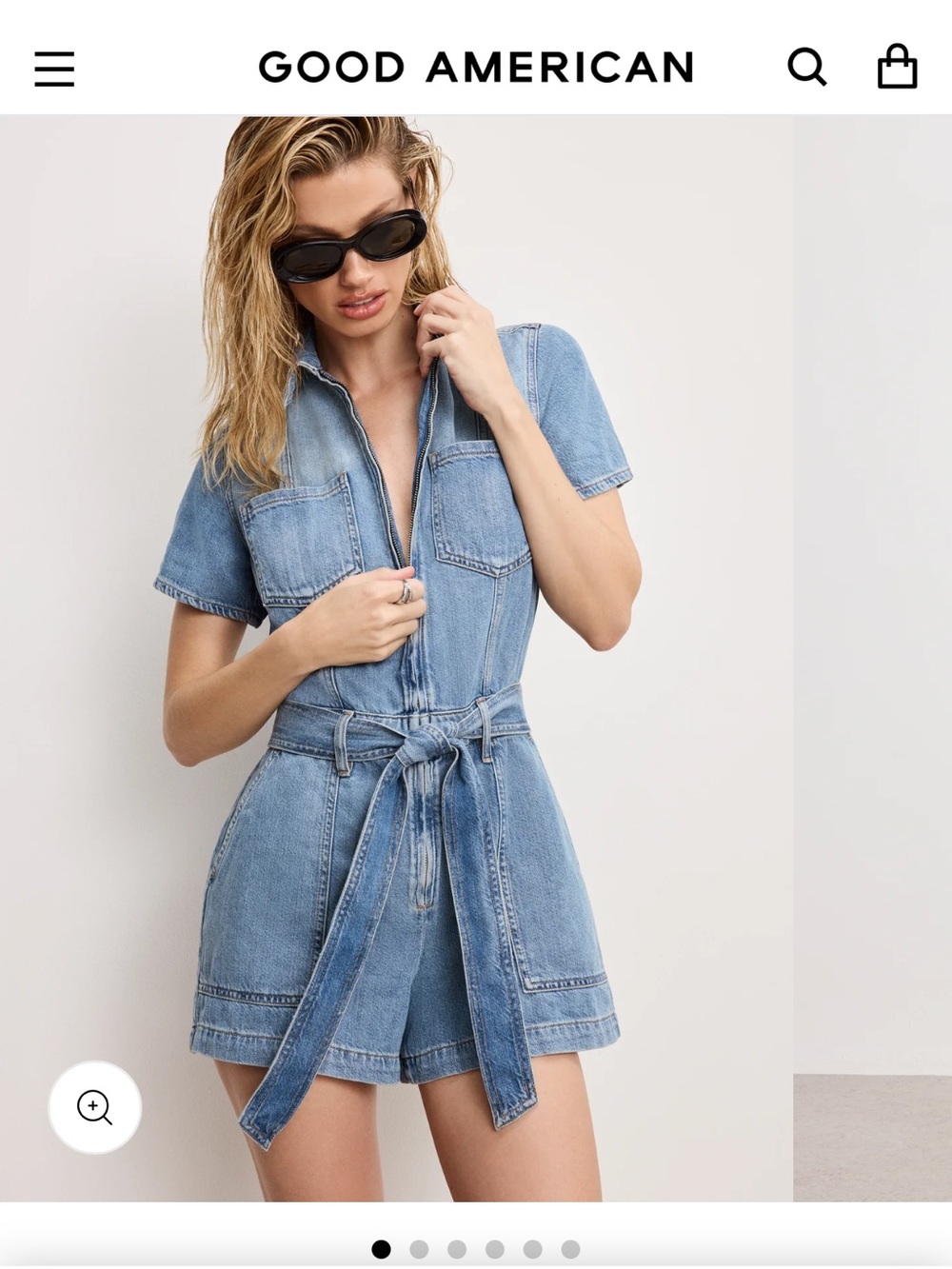 Good American Light Wash Denim Romper with Front Zip